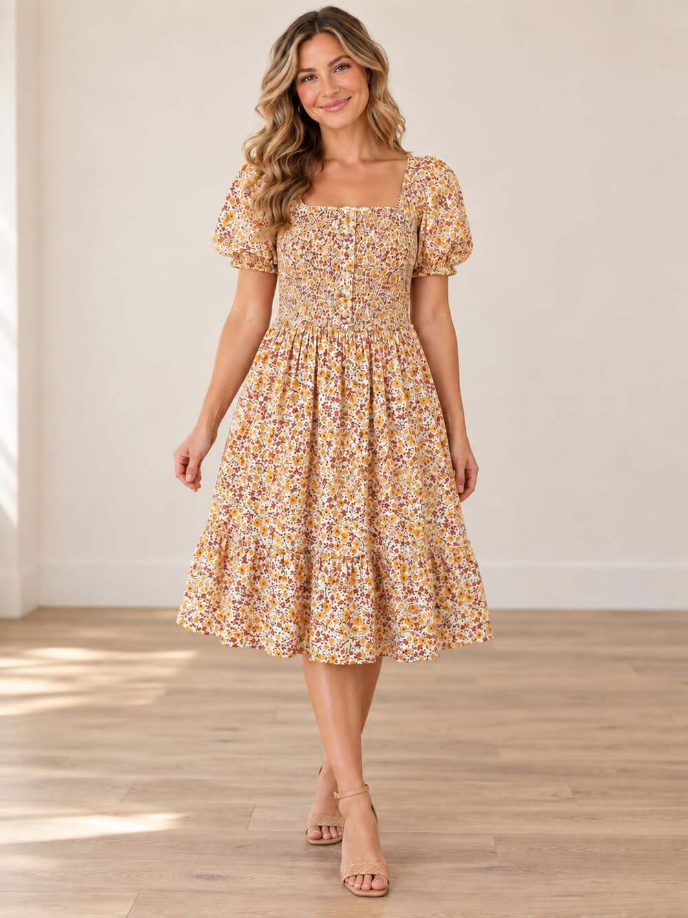 Downeast Floral Smocked Cotton Dress Yellow Multi Puff Sleeve Tiered Size M